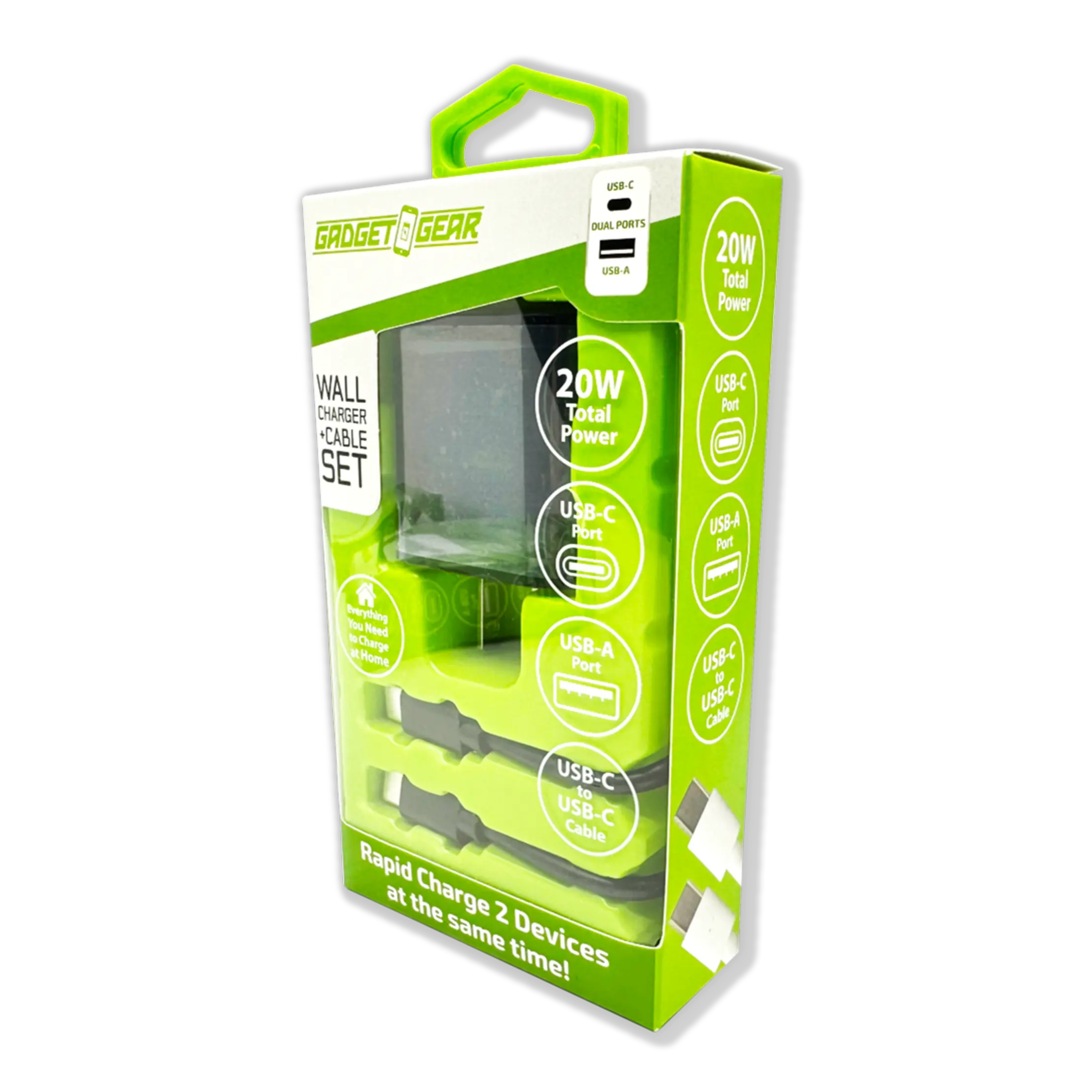 AC Wall Charger Dual USB / USB-C Ports with USB-C to USB-C Charging Cable Set 20 Watts - 3 Pieces Per Set 24628 GADGET GEAR