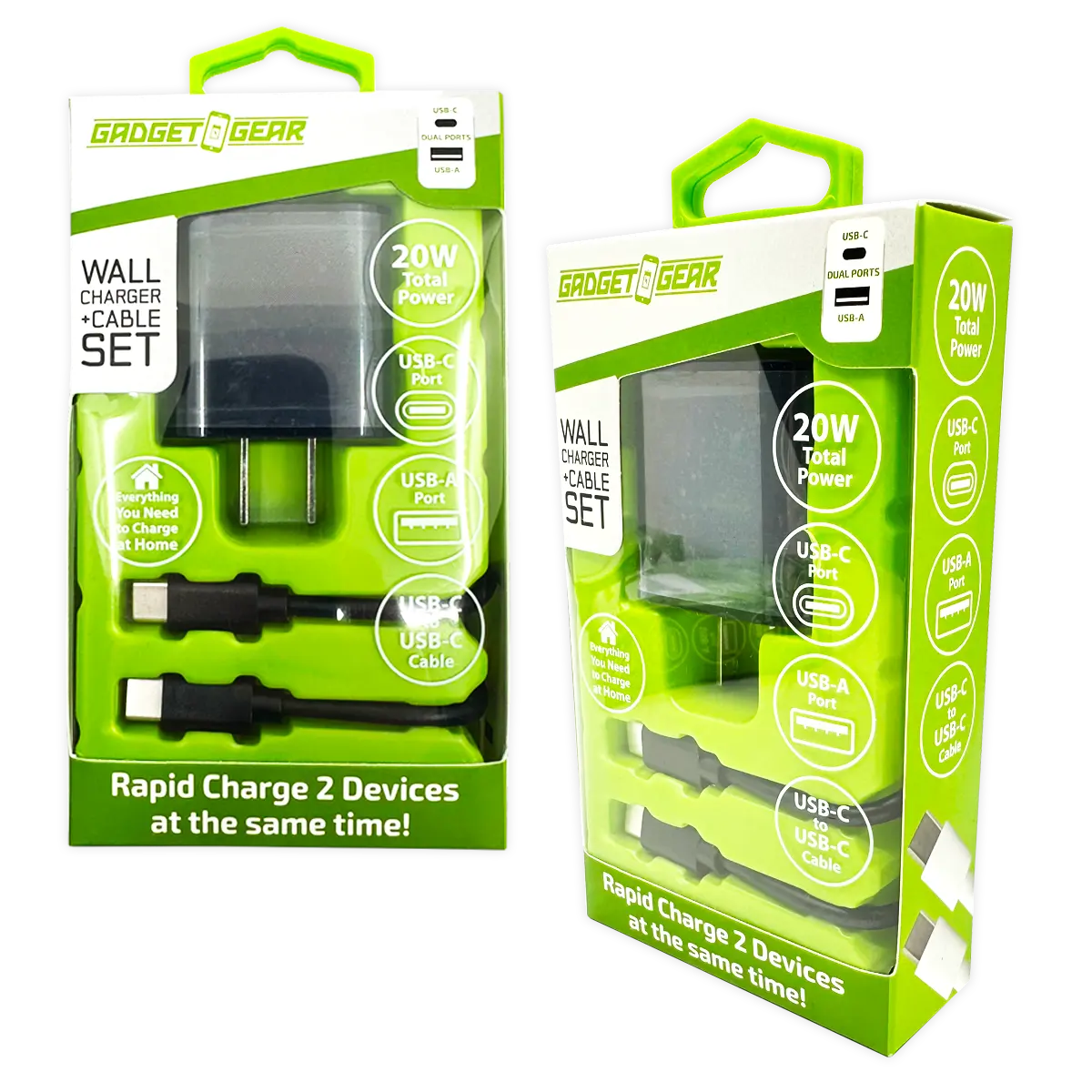 AC Wall Charger Dual USB / USB-C Ports with USB-C to USB-C Charging Cable Set 20 Watts - 3 Pieces Per Set 24628 GADGET GEAR