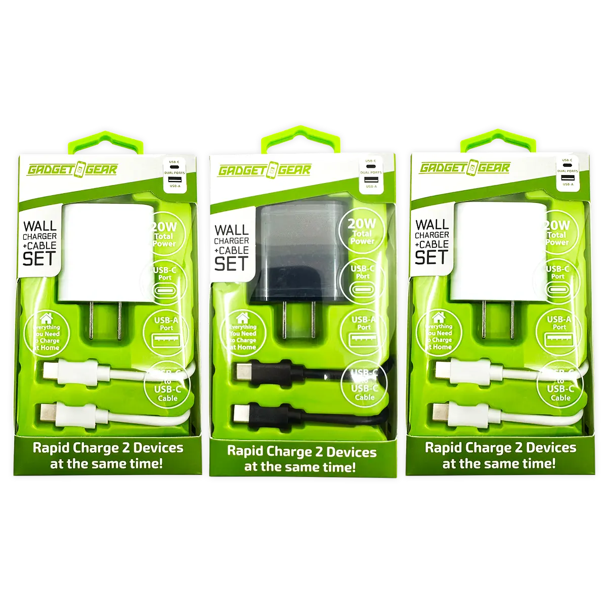 AC Wall Charger Dual USB / USB-C Ports with USB-C to USB-C Charging Cable Set 20 Watts - 3 Pieces Per Set 24628 GADGET GEAR