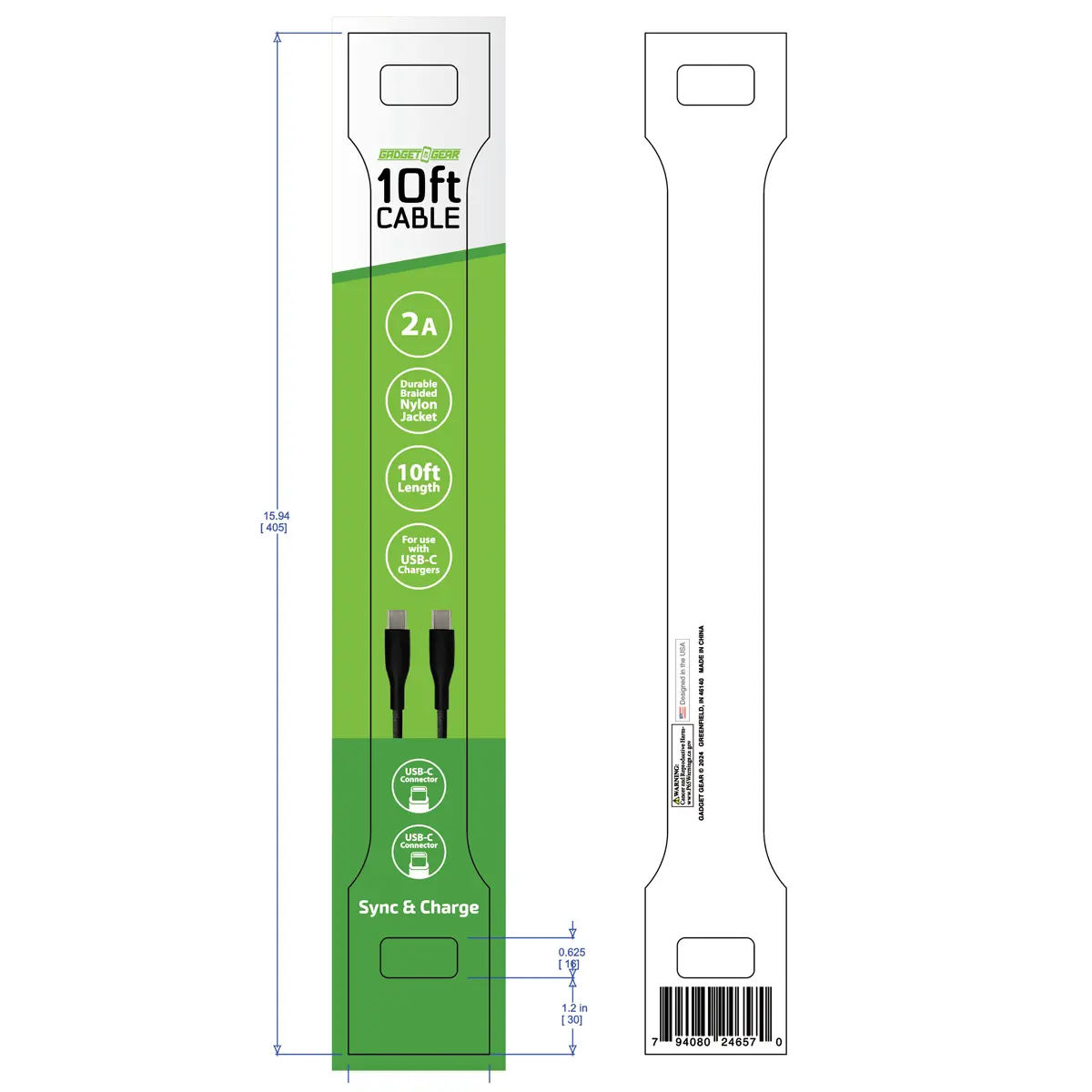 Charging Cable USB-C to USB-C 10FT 2 Amp - 6 Pieces Per Pack 24657 GADGET GEAR