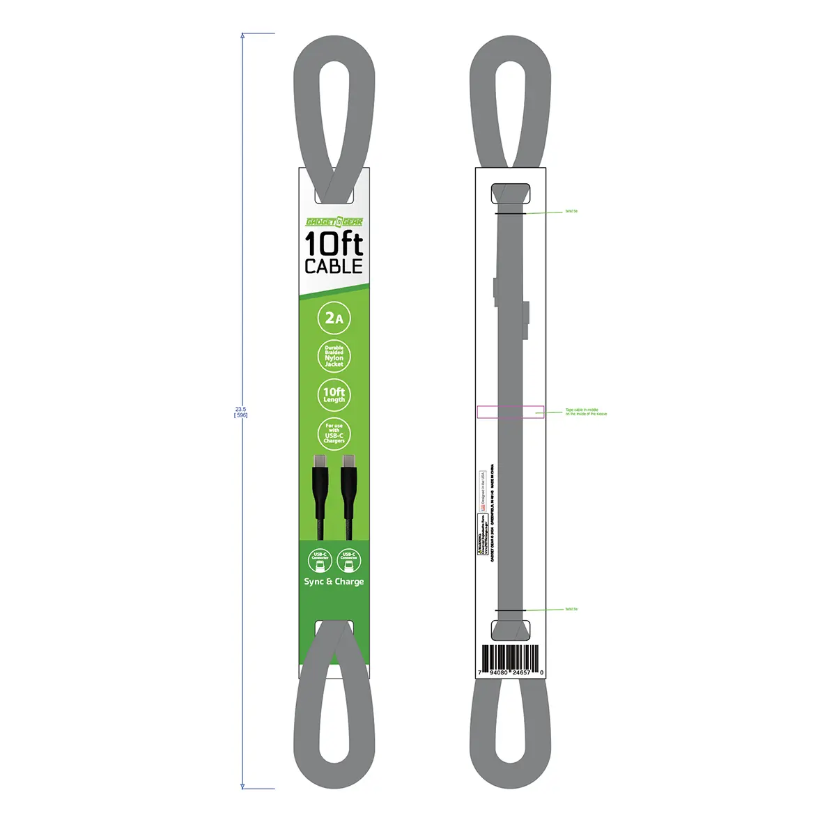 Charging Cable USB-C to USB-C 10FT 2 Amp - 6 Pieces Per Pack 24657 GADGET GEAR