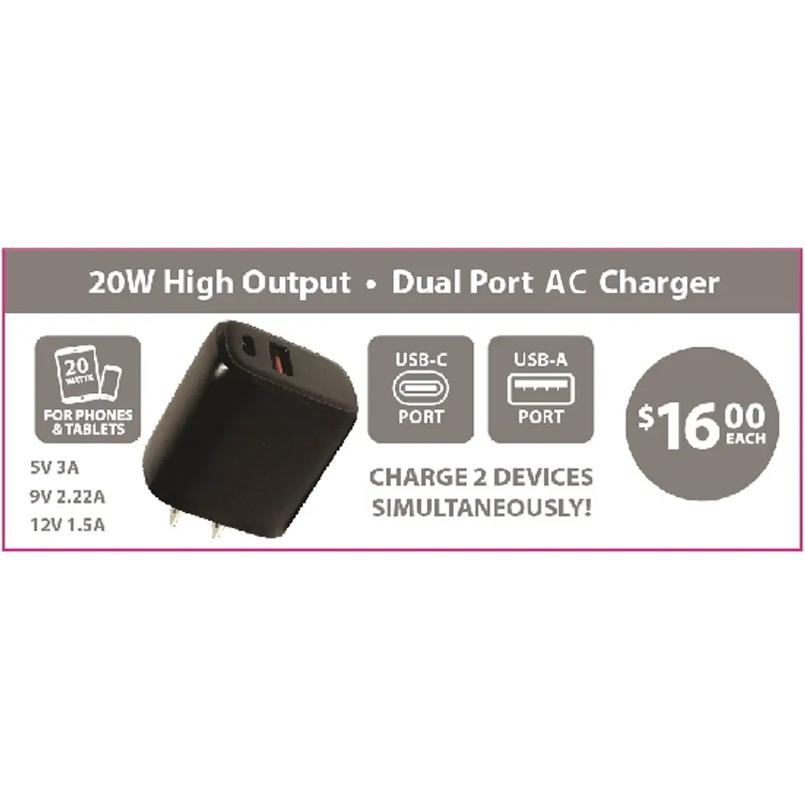 AC Wall Charger Dual Port USB / USB-C 20 Watts - 12 Pieces Per Pack 24675 NOVELTY INC