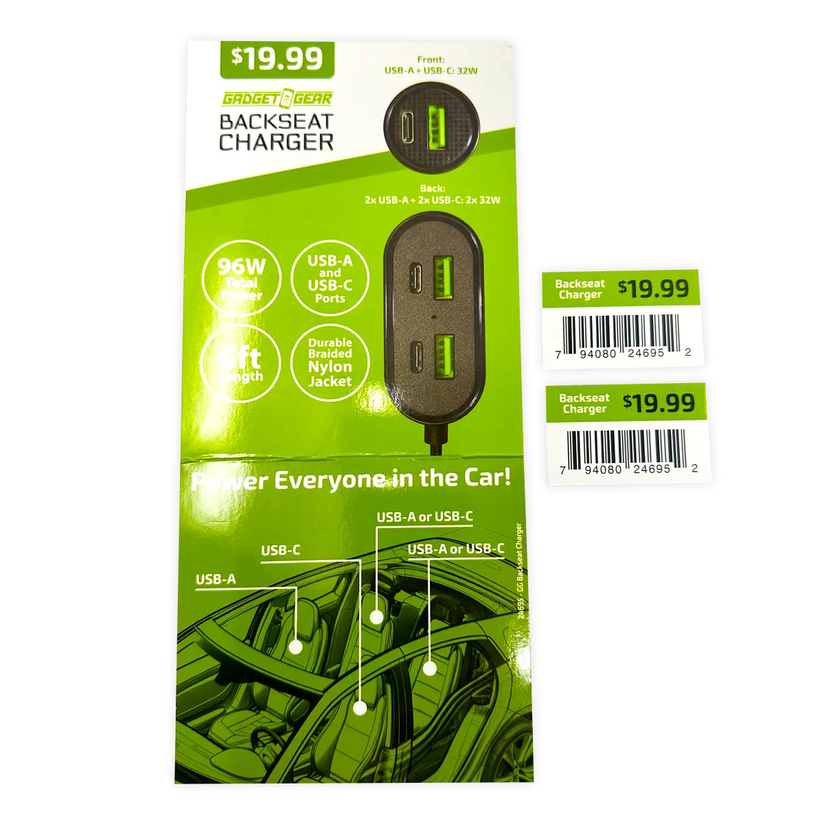 Backseat Car Charger 6 Port USB / USB-C 6FT 96 Watts - 6 Pieces Per Retail Ready Display 24695 GADGET GEAR