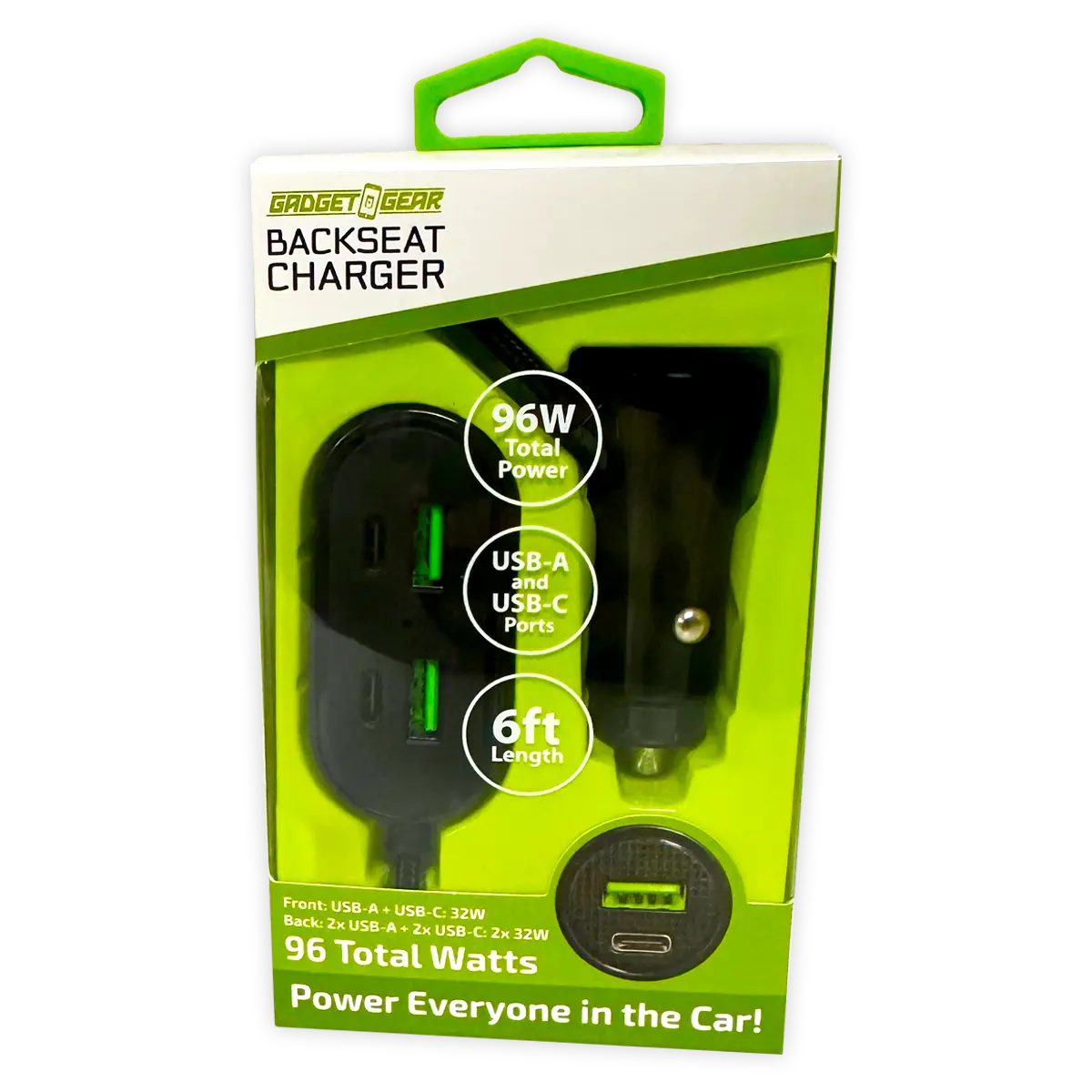 Backseat Car Charger 6 Port USB / USB-C 6FT 96 Watts - 6 Pieces Per Retail Ready Display 24695 GADGET GEAR