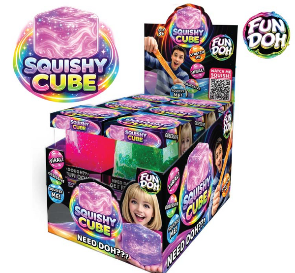 Fun Doh Squish and Squeeze Slow Release Squishy Fun Cube Toy - 12 Pieces Per Retail Ready Display 25082