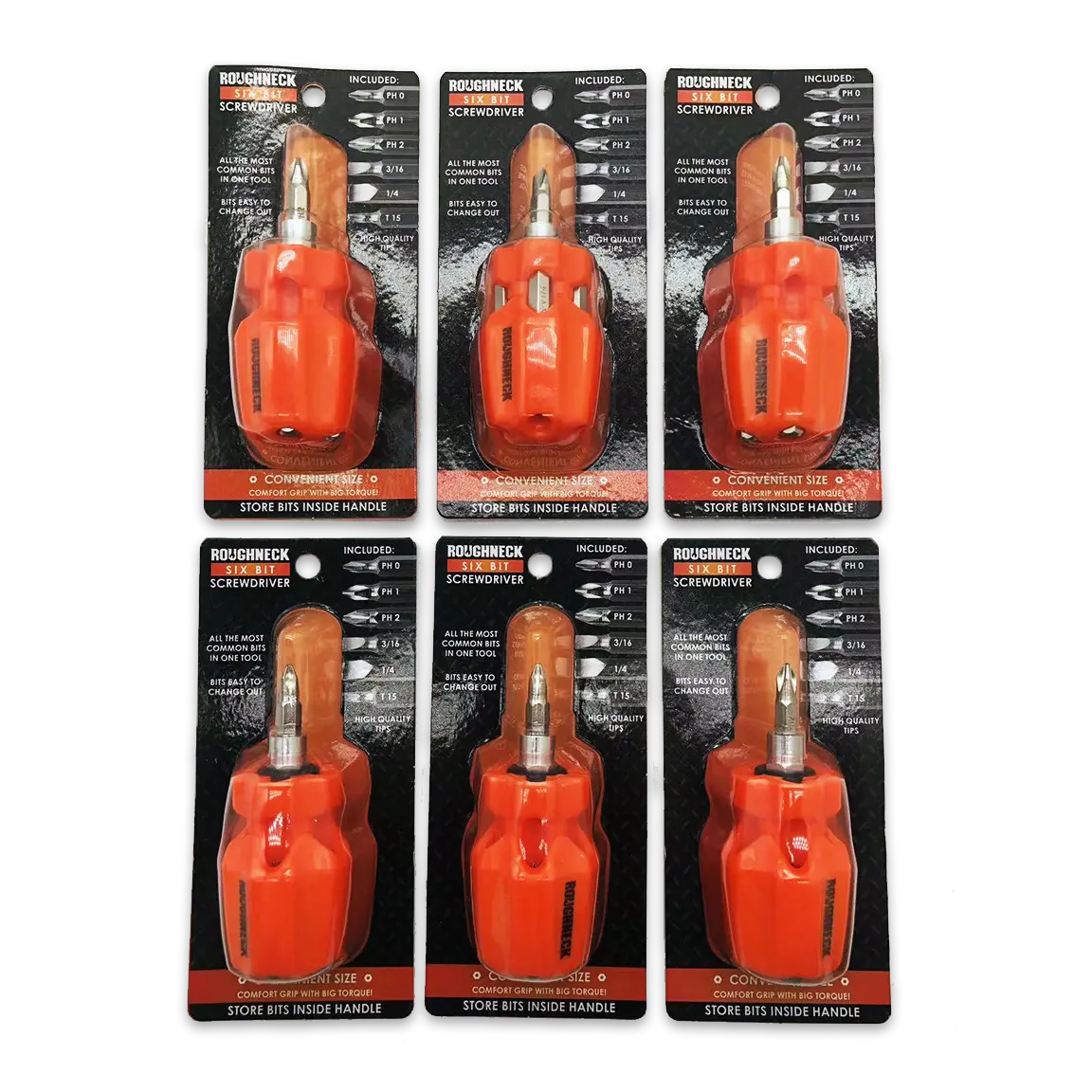 Screwdriver Short Handle with 6 Bits - 6 Pieces Per Retail Ready Display 25087 ROUGHNECK