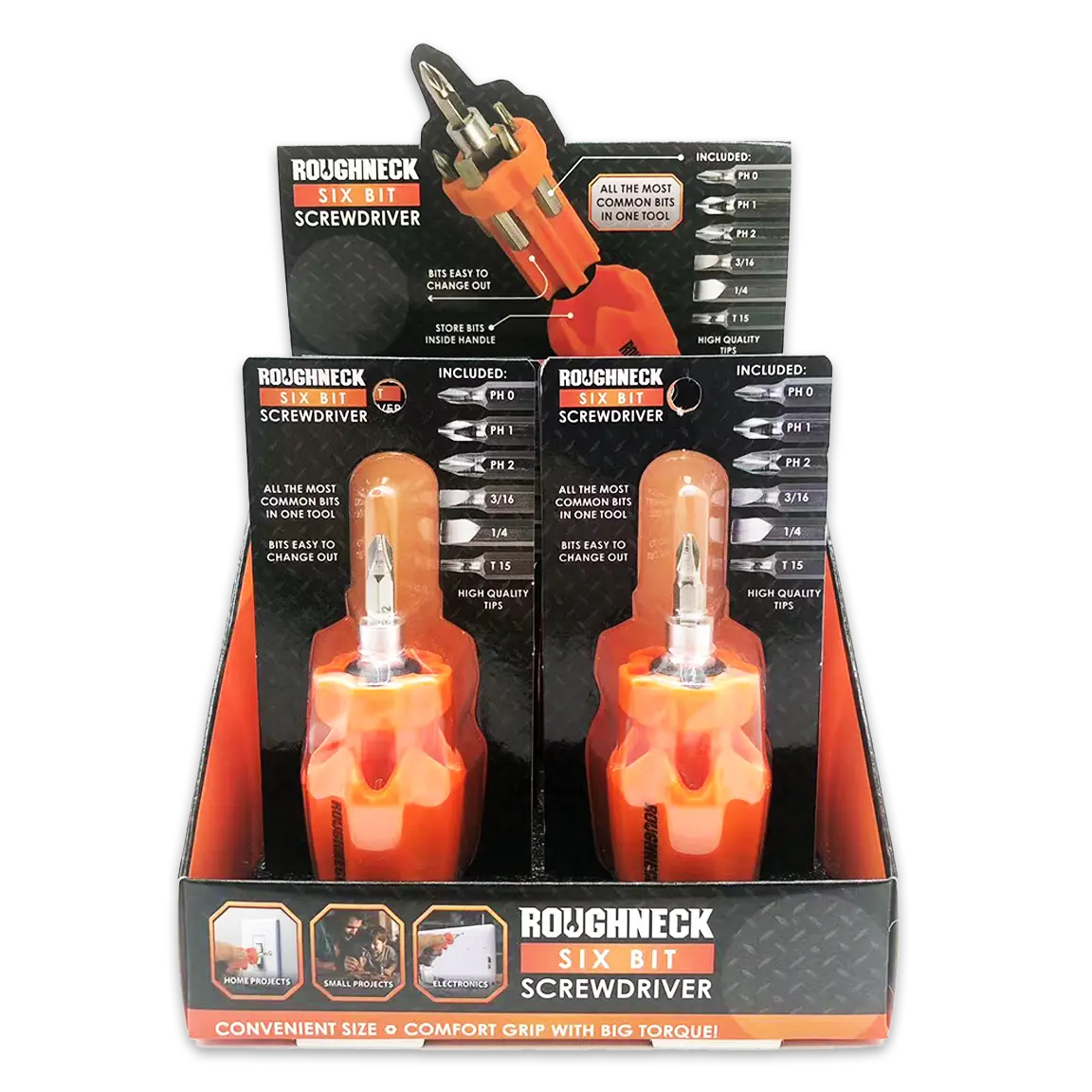 Screwdriver Short Handle with 6 Bits - 6 Pieces Per Retail Ready Display 25087 ROUGHNECK