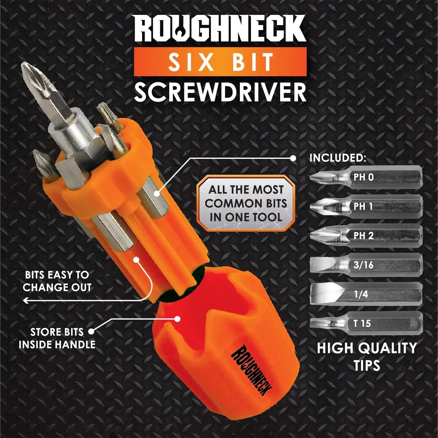 Screwdriver Short Handle with 6 Bits - 6 Pieces Per Retail Ready Display 25087 ROUGHNECK