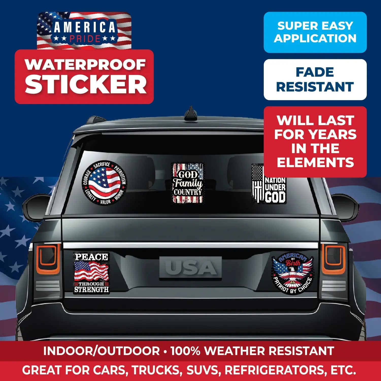 Patriotic USA Flag Decal Stickers - 12 Pieces Per Retail Ready Display 25212 ROUGHNECK