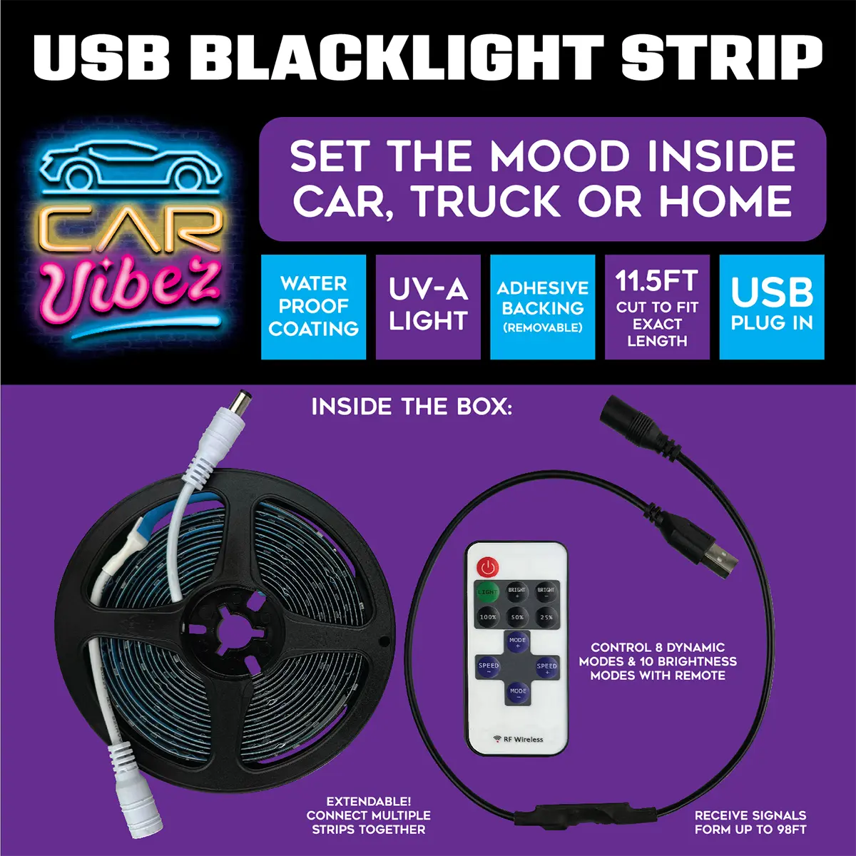 USB Blacklight Strip with Remote 11.5FT - 6 Pieces Per Retail Ready Display 25244 CAR VIBEZ
