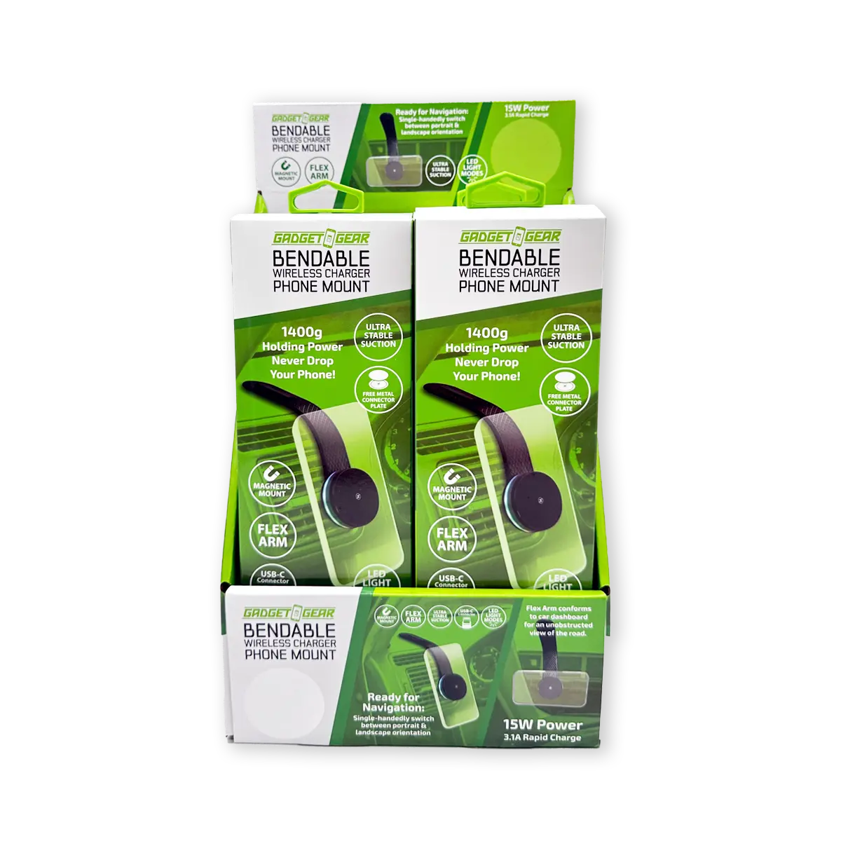 Bendable Wireless Charger Magnetic Phone Mount 15 Watts - 4 Pieces Per Retail Ready Display 25249 GADGET GEAR
