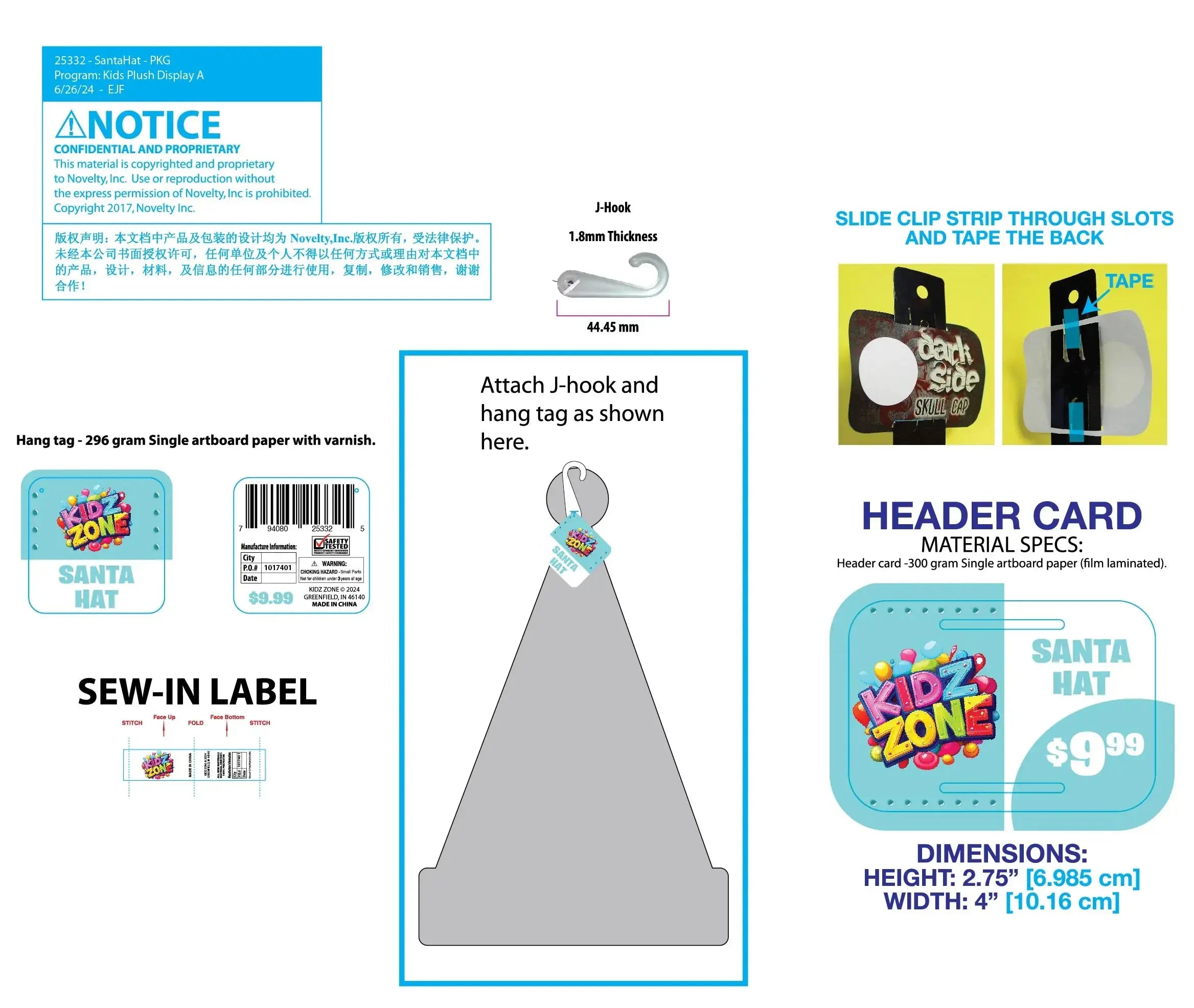 Christmas Santa Winter Hat with Merchandising Hang Strip - 6 Pieces Per Pack 25338 NOVELTY INC
