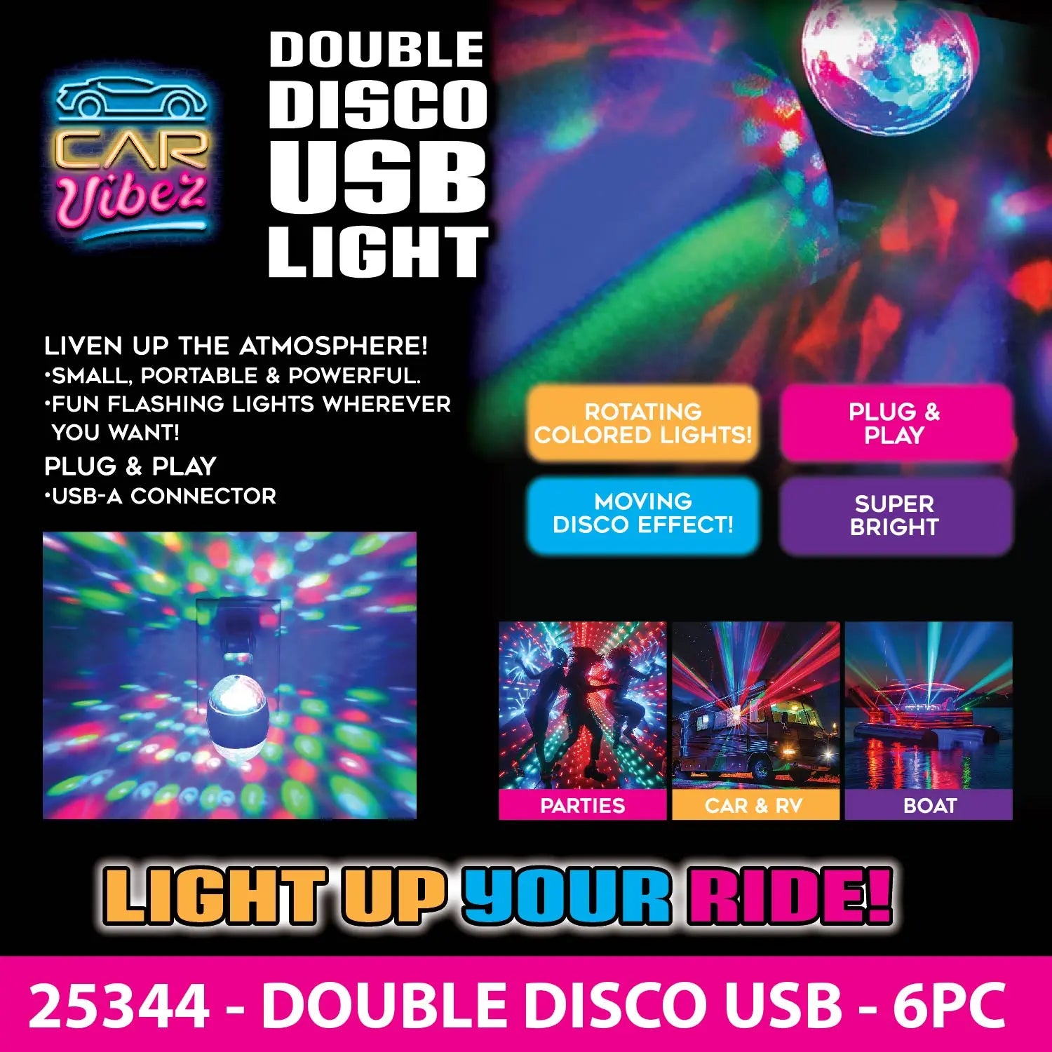 Mood Light USB Double Disco Ball - 6 Pieces Per Retail Ready Display 25344 CAR VIBEZ