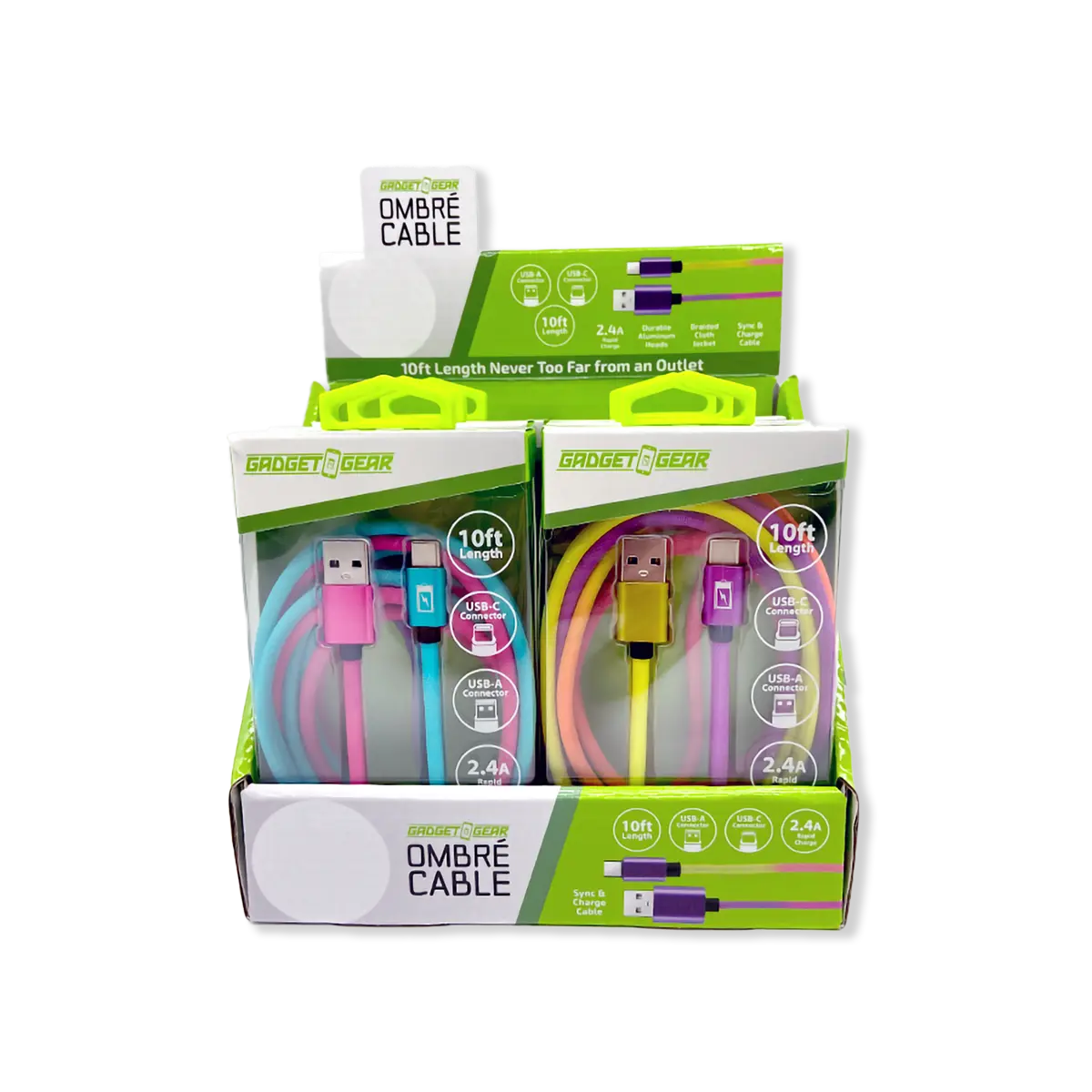 10FT Color Fade USB-A-to-USB-C Charging Cable - 6 Pieces Per Retail Ready Display 25484 GADGET GEAR