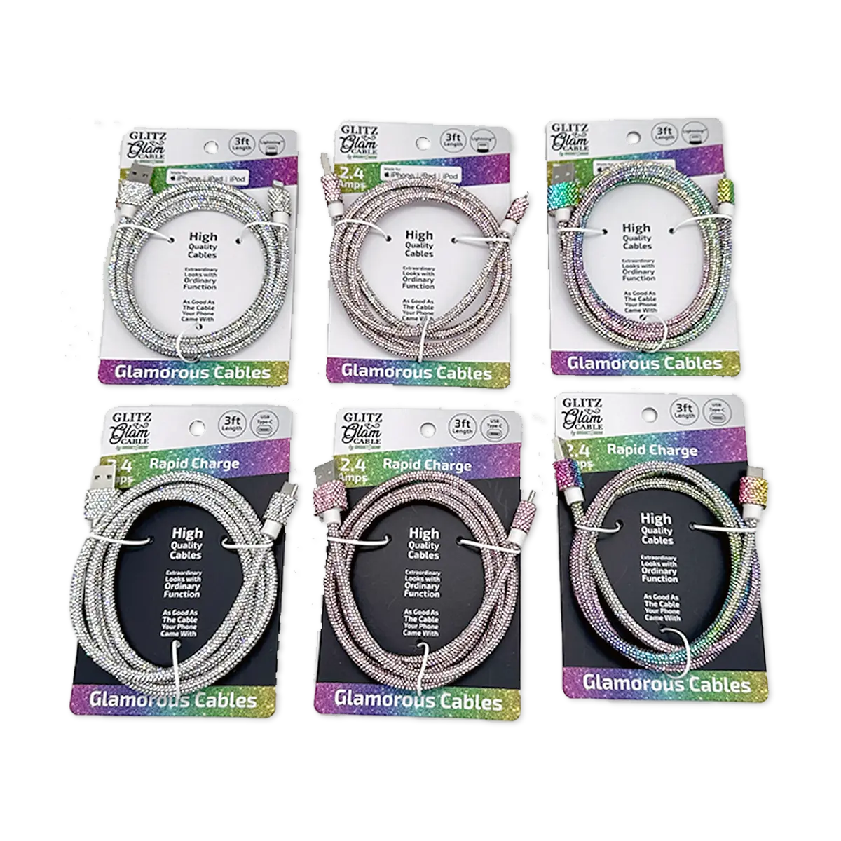 Charging Cable 3FT 2.4Amp USB-to-USB-C / Lightning Glitz N Glam Assortment - 6 Pieces Per Retail Ready Display 25948 GADGET GEAR