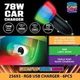 Car Charger Triple Port USB / USB-C LED 78W - 6 Pieces Per Retail Ready Display 25693 CAR VIBEZ