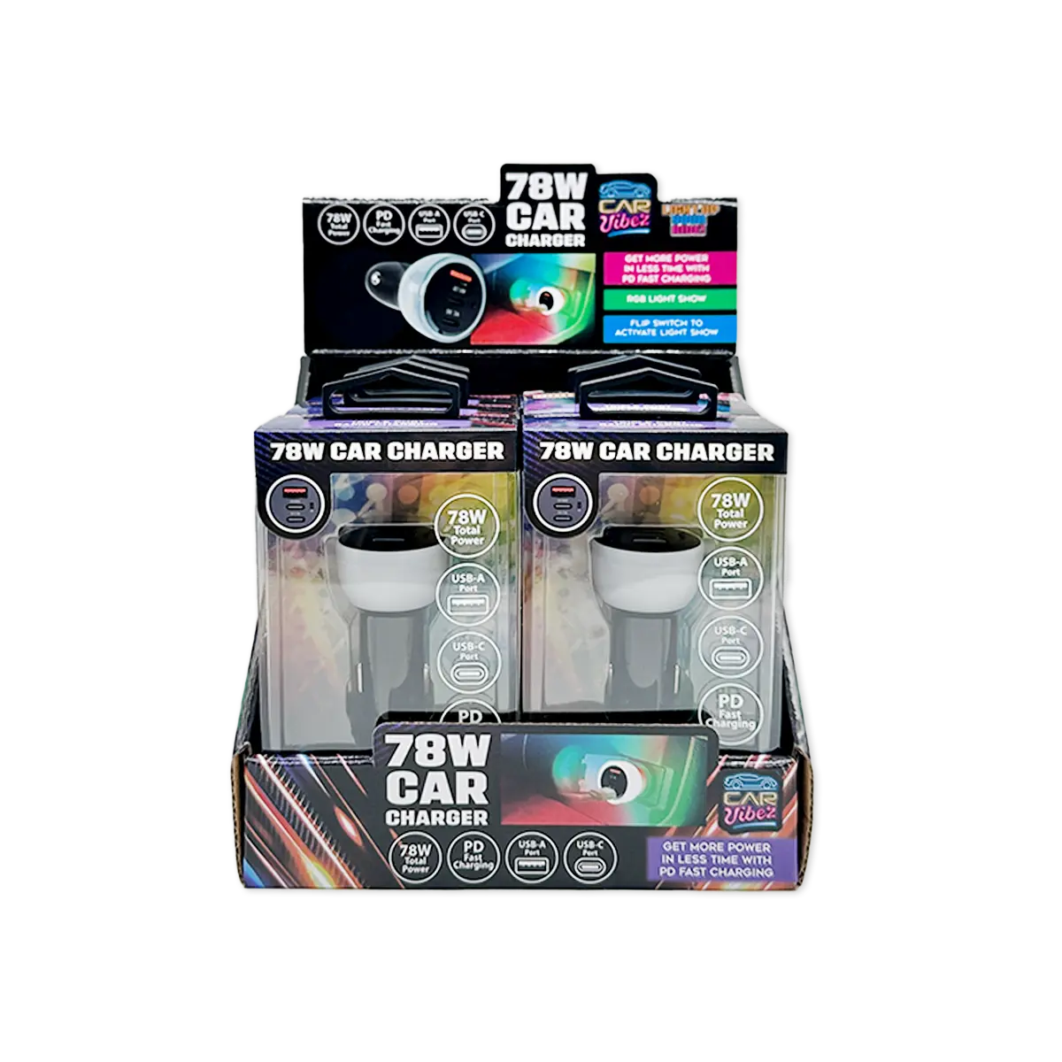Car Charger Triple Port USB / USB-C LED 78W - 6 Pieces Per Retail Ready Display 25693 CAR VIBEZ