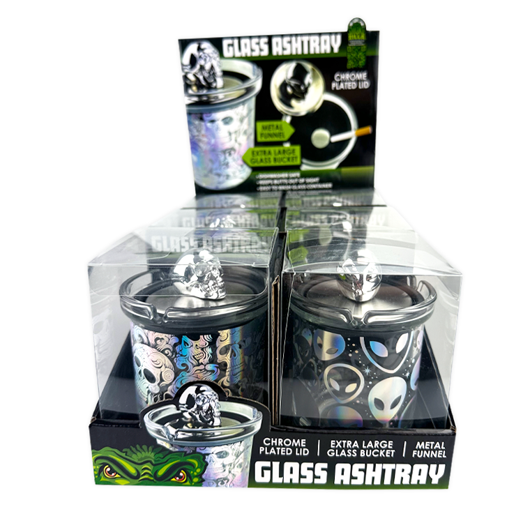 Glass Ashtray with Chrome Plated Lid - 6 Pieces Per Retail Ready Display 25945 SMOKEZILLA