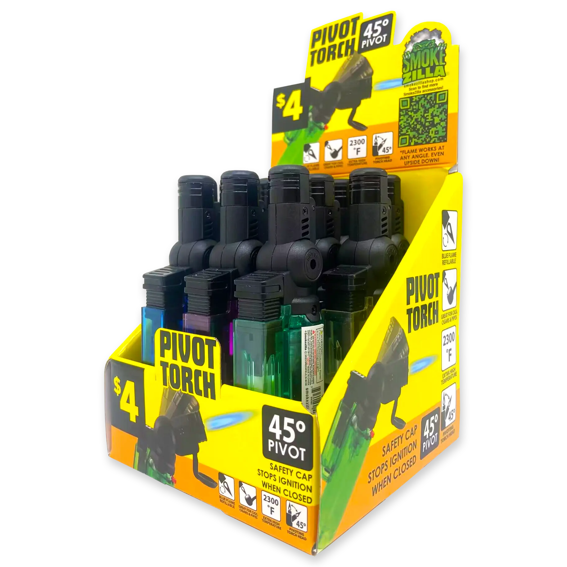 Pivot Head Torch Lighter with Flip Down Lid- 10 Pieces Per Retail Ready Display 41590 SMOKEZILLA