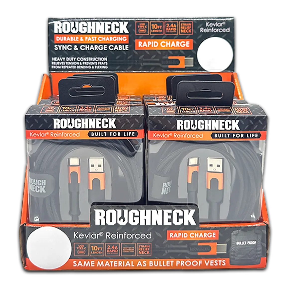 Charging Cable Roughneck Soft Cloth USB to USB-C 10FT 2.4 Amp - 6 Pieces Per Retail Ready Display 41593D ROUGHNECK