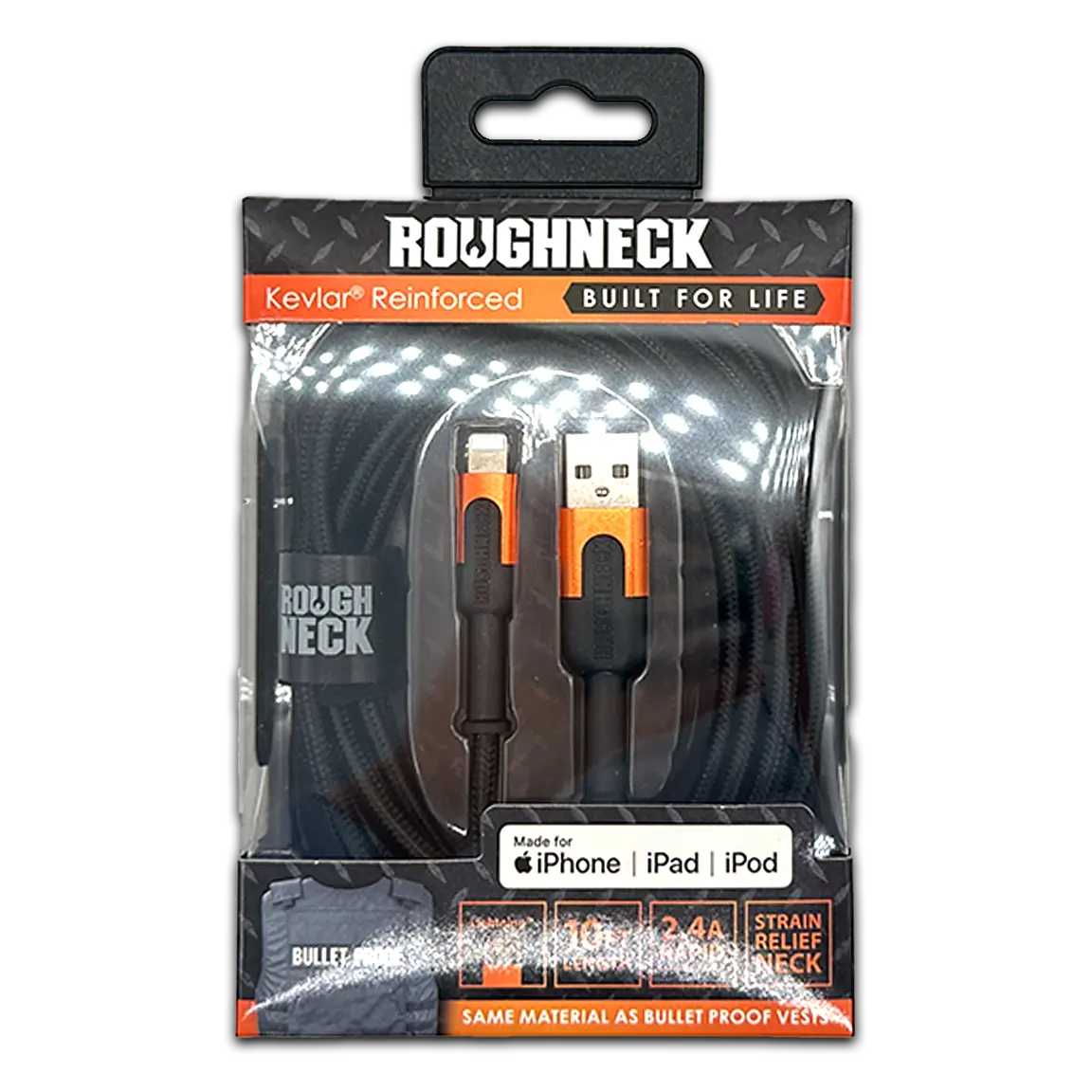 Charging Cable Roughneck Soft Cloth USB to Lightning 10FT 2.4 Amp - 4 Pieces Per Retail Ready Pack 41594 ROUGHNECK