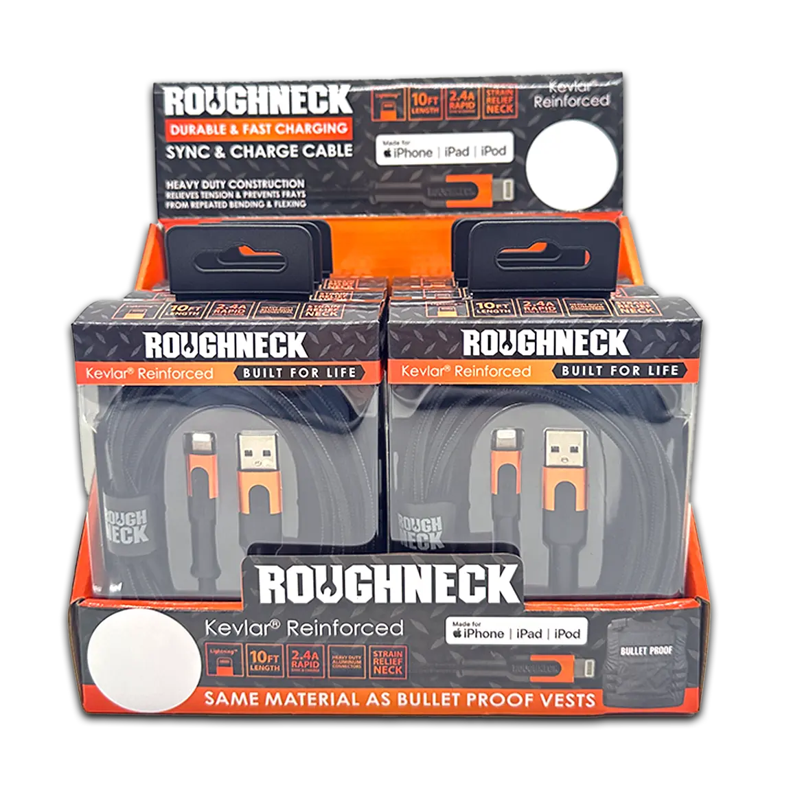 Charging Cable Roughneck Soft Cloth USB to Lightning 10FT 2.4 Amp - 6 Pieces Per Retail Ready Display 41594D ROUGHNECK