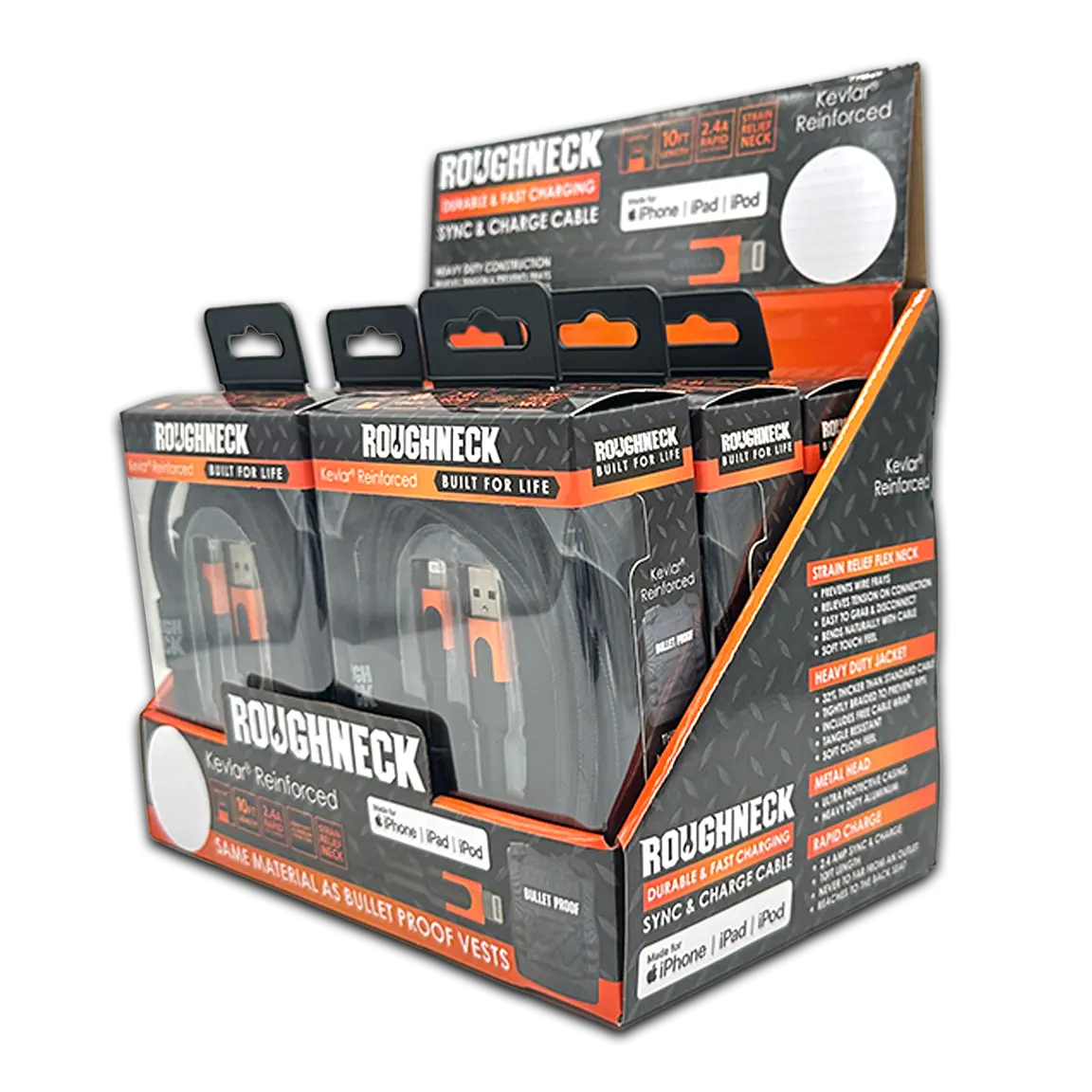 Charging Cable Roughneck Soft Cloth USB to Lightning 10FT 2.4 Amp - 6 Pieces Per Retail Ready Display 41594D ROUGHNECK