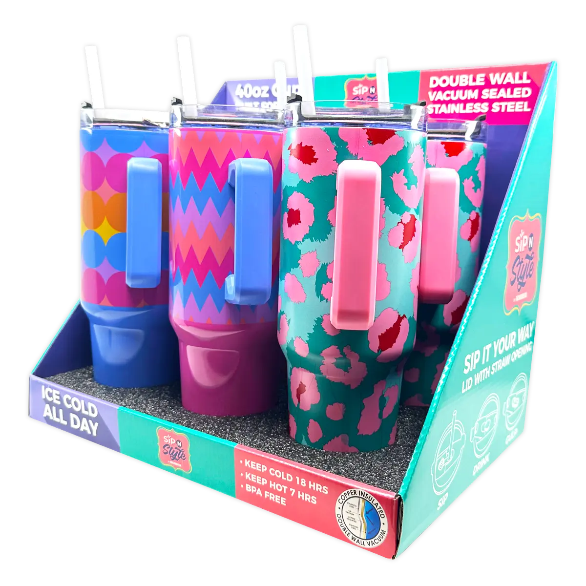 40 oz Insulated Stainless-Steel Summer Printed Cups - 6 Pieces Per Retail Ready Display 41685 ROUGHNECK