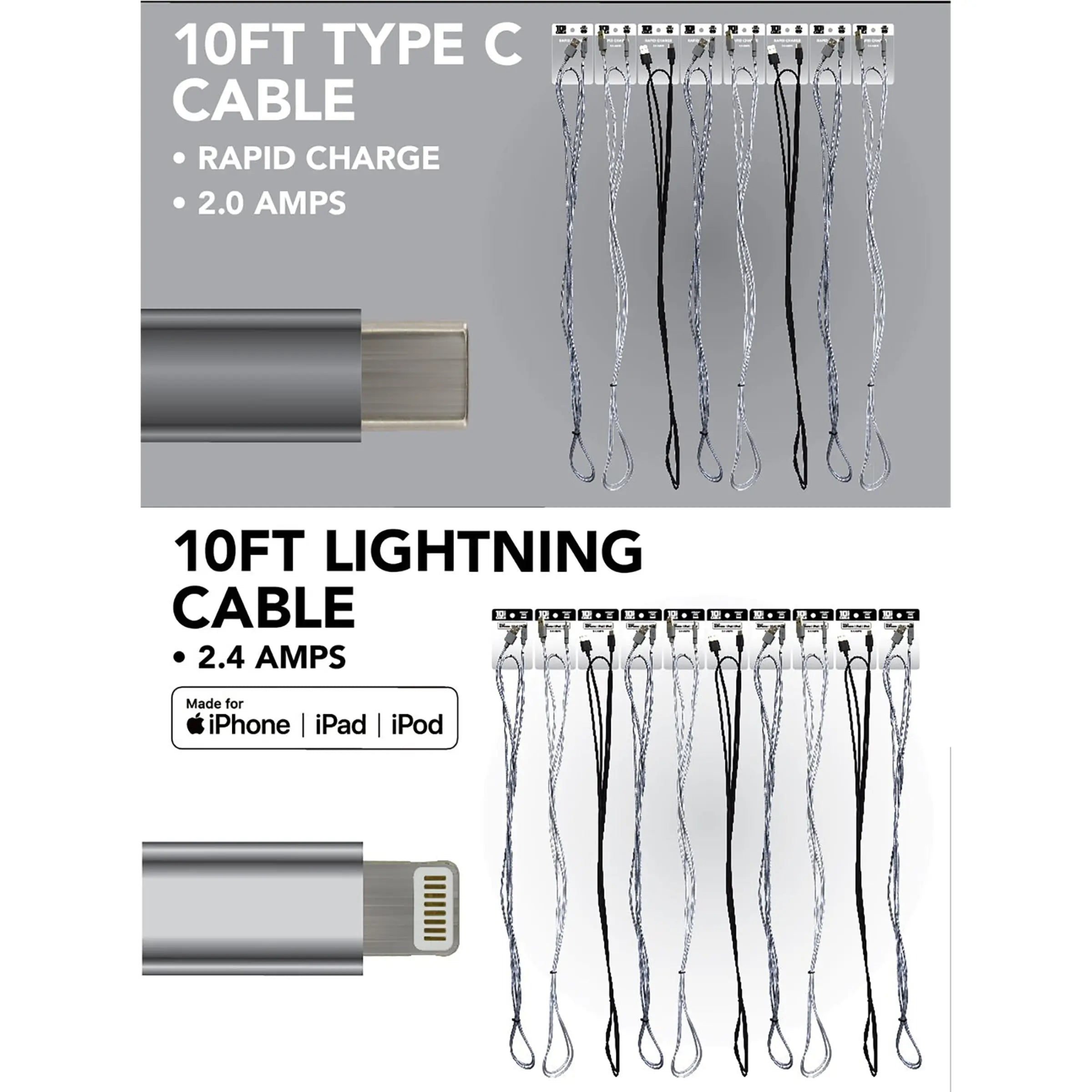 10FT Braided Sync and Charge Cable Assortment Floor Display - 36 Pieces Per Retail Ready Display 88479 ROUGHNECK