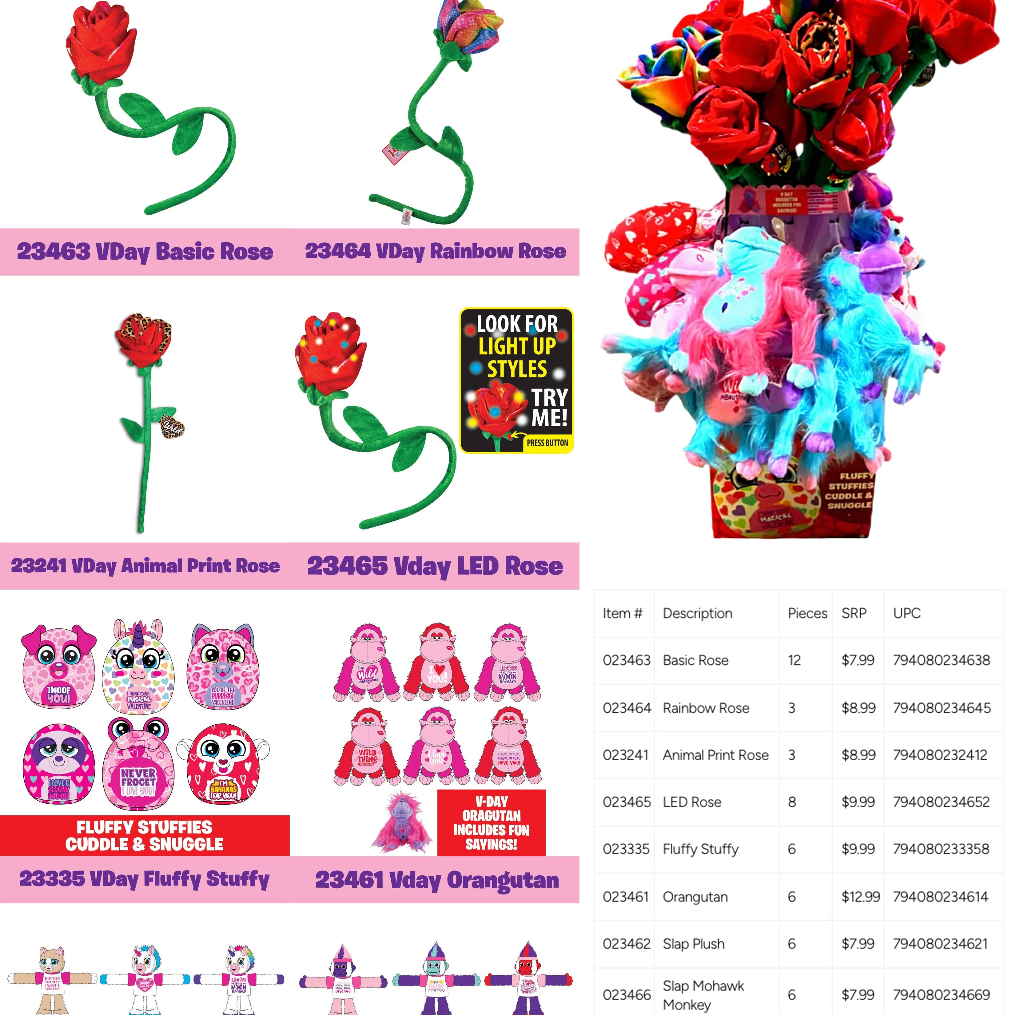 Valentines Day Plush Rose Assortment Floor Display - 50 Pieces Per Retail Ready Display Kit 88429 KIPP BROTHERS