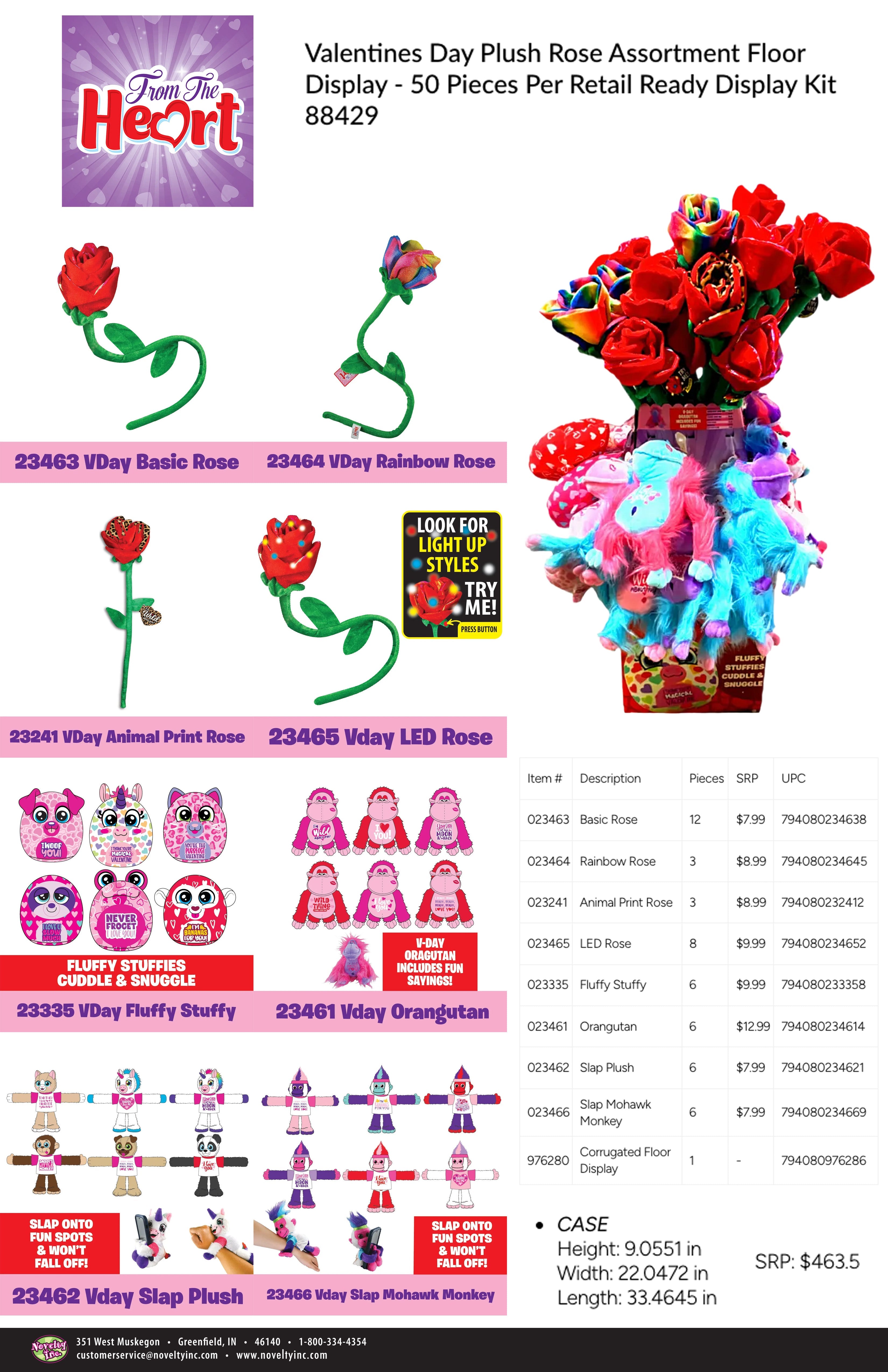Valentines Day Plush Rose Assortment Floor Display - 50 Pieces Per Retail Ready Display Kit 88429 KIPP BROTHERS