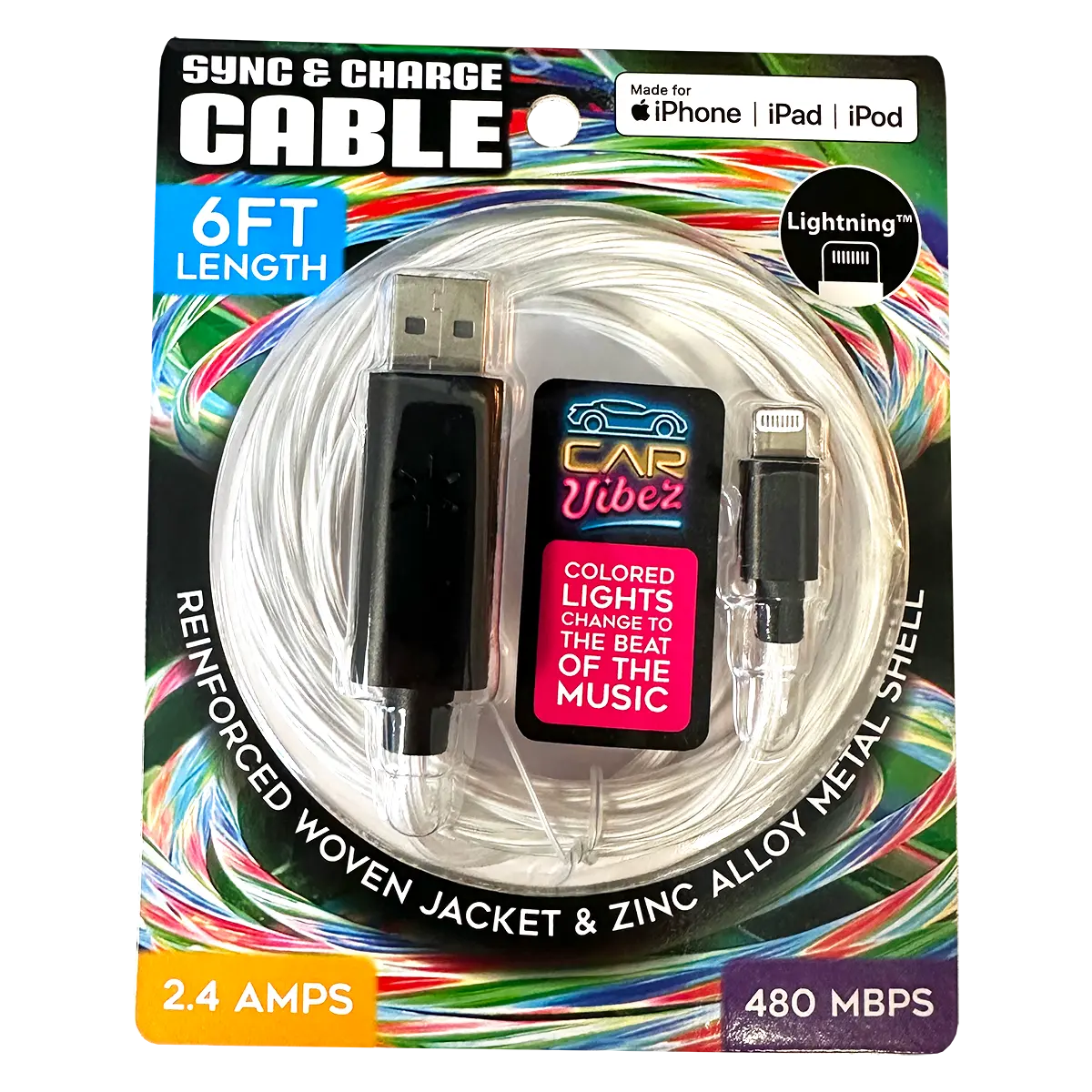 Charging Cable LED Light-Up Assortment - 6 Pieces Per Retail Ready Display 88472 CAR VIBEZ
