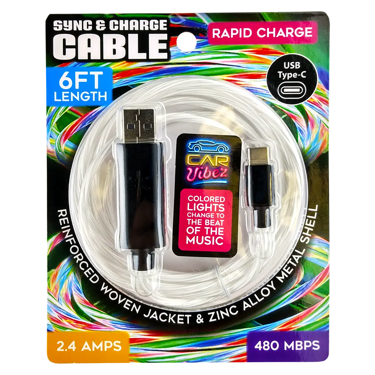 Charging Cable LED Light-Up Assortment - 6 Pieces Per Retail Ready Display 88472 CAR VIBEZ