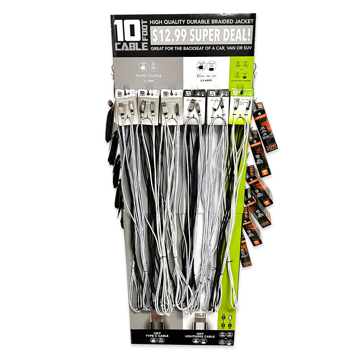 10FT Braided Sync and Charge Cable Assortment Floor Display - 36 Pieces Per Retail Ready Display 88479 ROUGHNECK