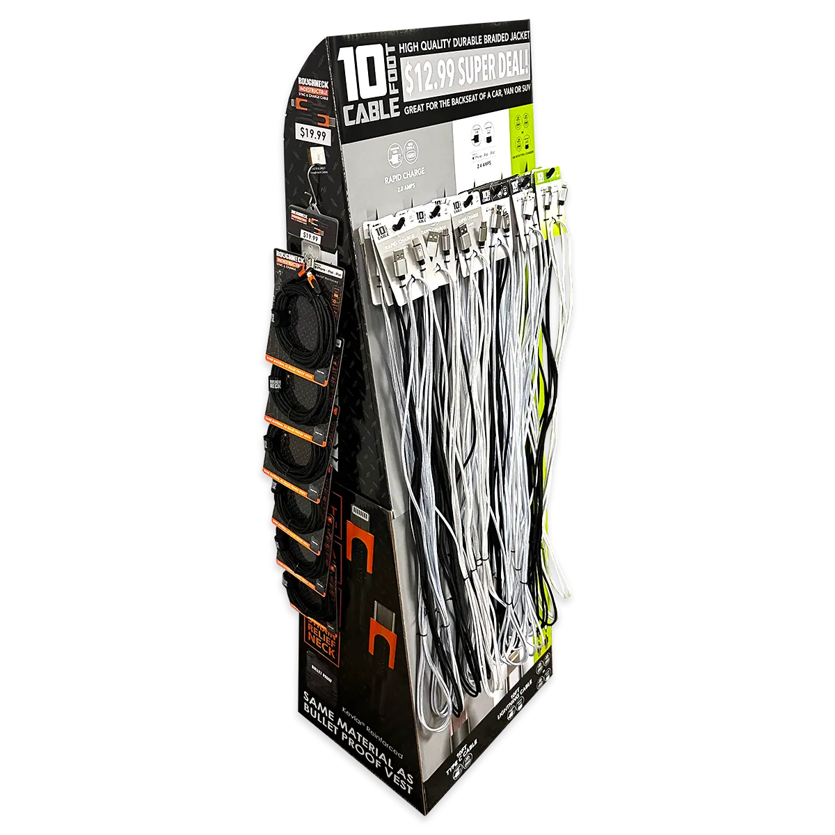10FT Braided Sync and Charge Cable Assortment Floor Display - 36 Pieces Per Retail Ready Display 88479 ROUGHNECK