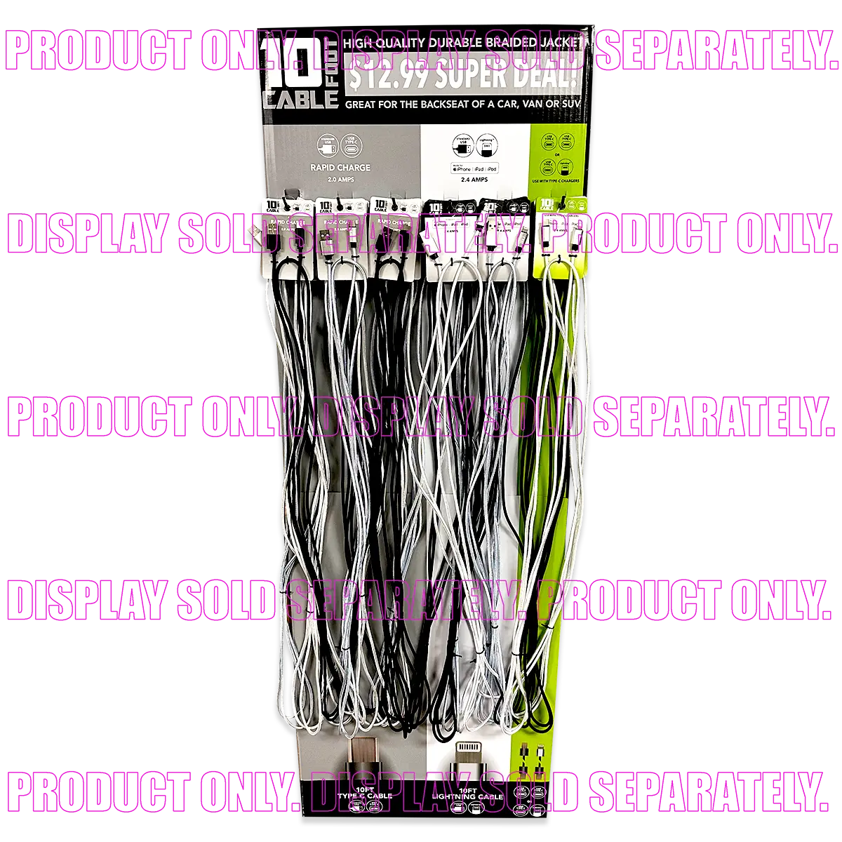 10FT Charging Cable Refill Kit Assortment - 24 Pieces Per Pack 88481 GADGET GEAR