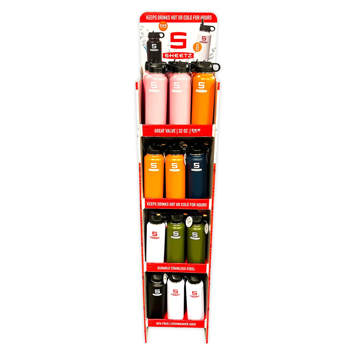 32 oz Insulated Stainless-Steel Printed Bottle Assortment Floor Display - 24 Pieces Per Retail Ready Display 88493 NOVELTY INC