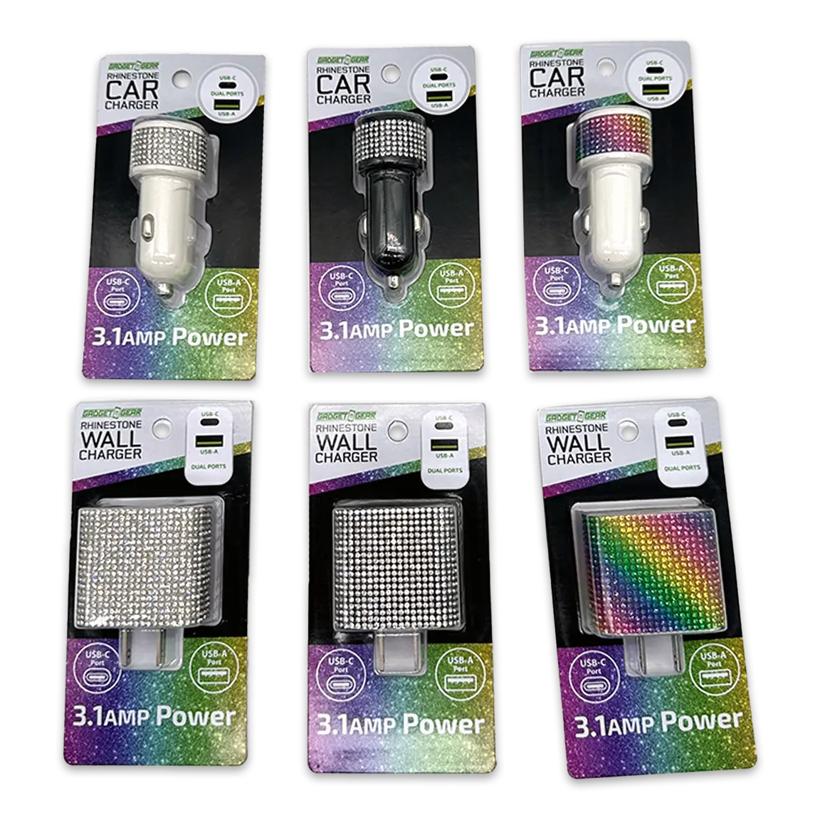 Car Charger and Wall Charger Dual Port USB / USB-C Rhinestone Assortment - 6 Pieces Per Retail Ready Display 88502 GADGET GEAR