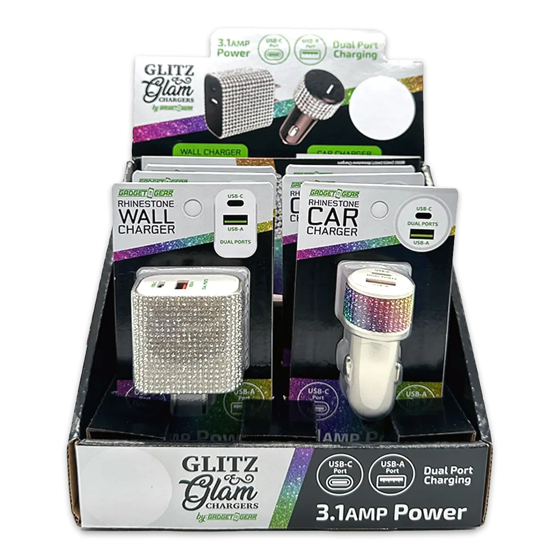 Car Charger and Wall Charger Dual Port USB / USB-C Rhinestone Assortment - 6 Pieces Per Retail Ready Display 88502 GADGET GEAR