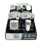 Car Charger and Wall Charger Dual Port USB / USB-C Rhinestone Assortment - 6 Pieces Per Retail Ready Display 88502 GADGET GEAR