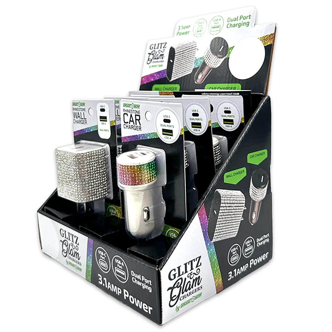 Car Charger and Wall Charger Dual Port USB / USB-C Rhinestone Assortment - 6 Pieces Per Retail Ready Display 88502 GADGET GEAR