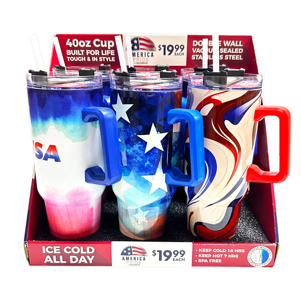 40 oz Insulated Stainless-Steel Patriotic Printed Cups - 12 Pieces Per Retail Ready Kit Display 88539 ROUGHNECK