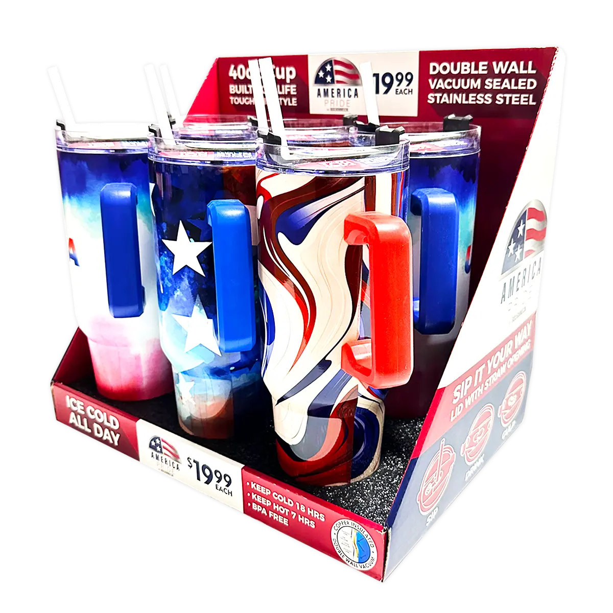 40 oz Insulated Stainless-Steel Patriotic Printed Cups - 12 Pieces Per Retail Ready Kit Display 88539 ROUGHNECK
