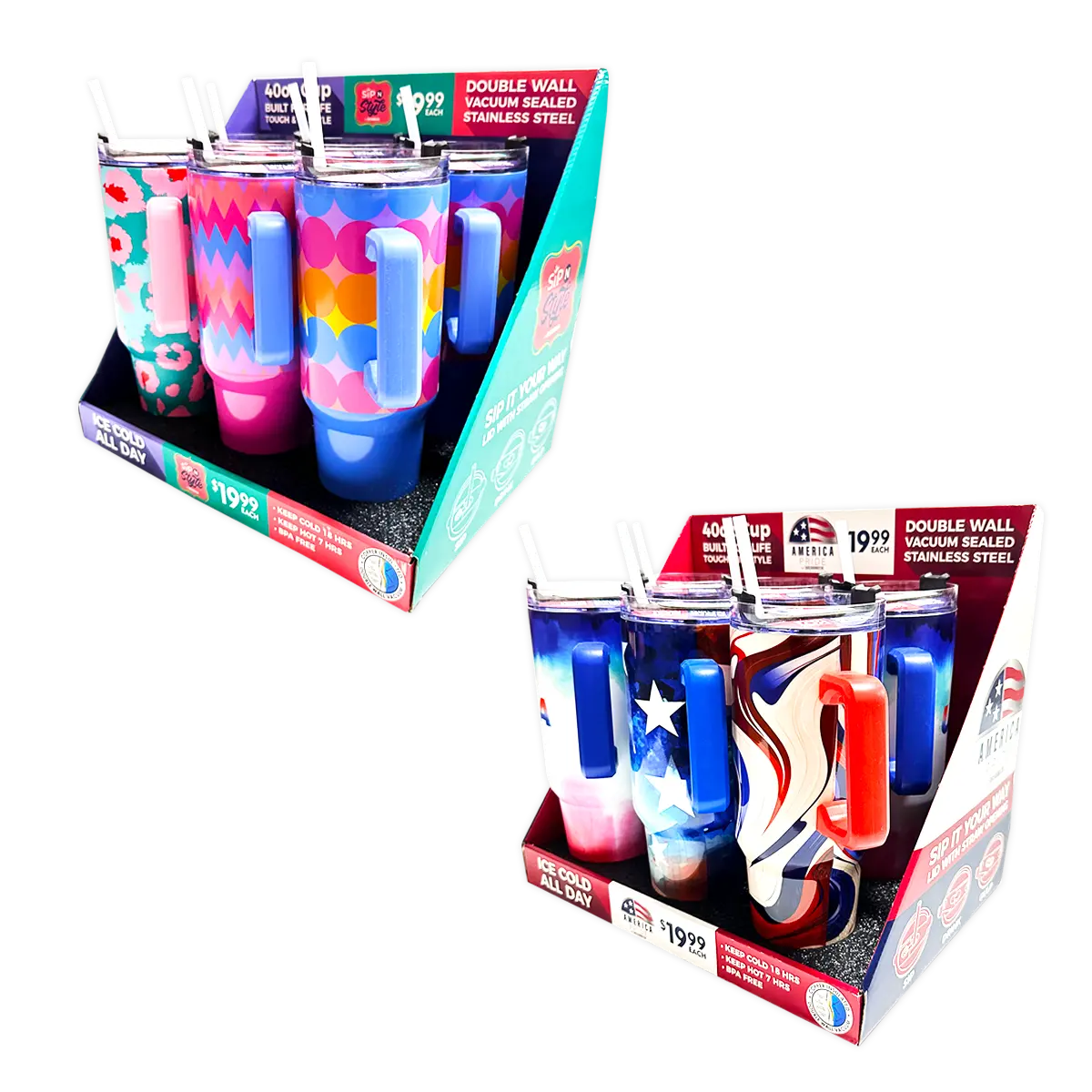 40 oz Insulated Stainless-Steel Patriotic Printed Cups - 12 Pieces Per Retail Ready Kit Display 88539 ROUGHNECK