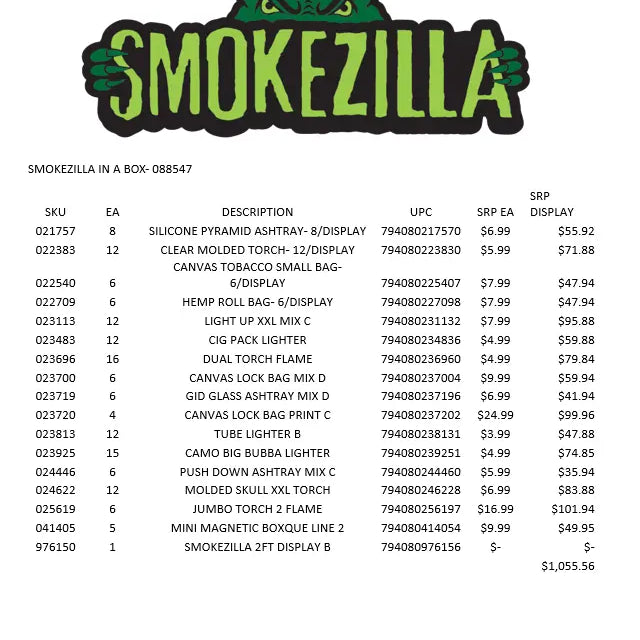 Curated Smokezilla Top Sellers Assorted Smoking Accessories Floor Display 088547 SMOKEZILLA