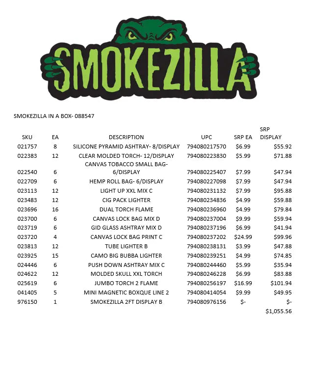 Curated Smokezilla Top Sellers Assorted Smoking Accessories Floor Display 088547 SMOKEZILLA