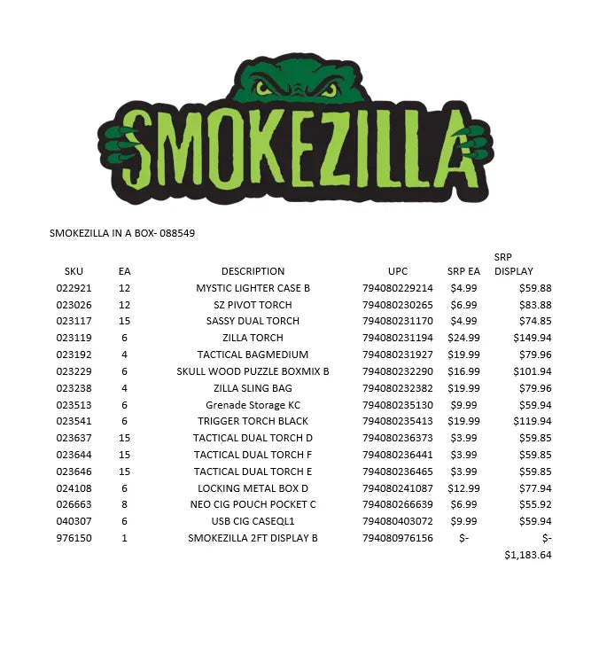 Curated Smokezilla Top Sellers Assorted Smoking Accessories Floor Display 88549 SMOKEZILLA
