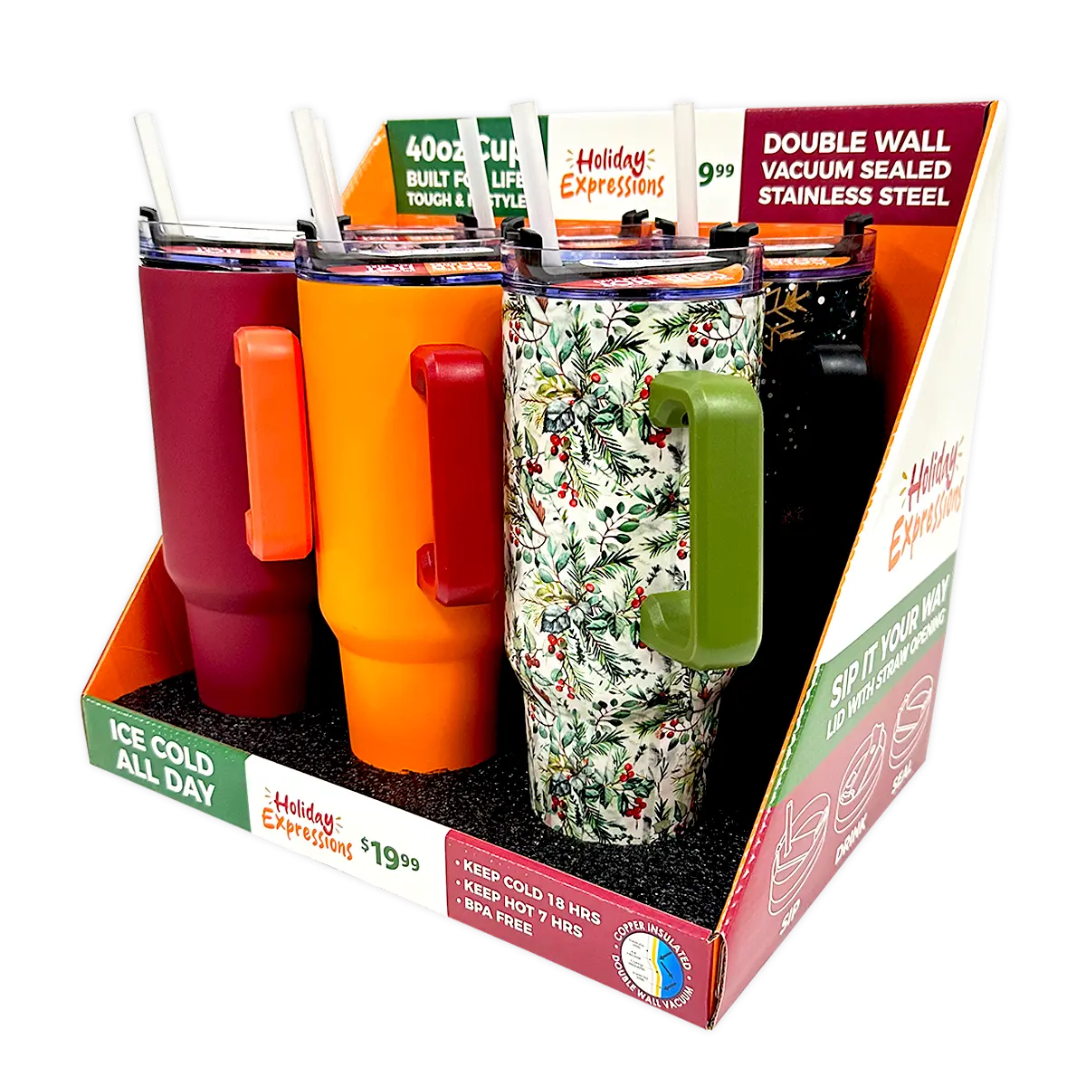 40 oz Stainless-Steel Insulated Seasonal Cups - 15 Pieces Per Retail Ready Display 88571 ROUGHNECK