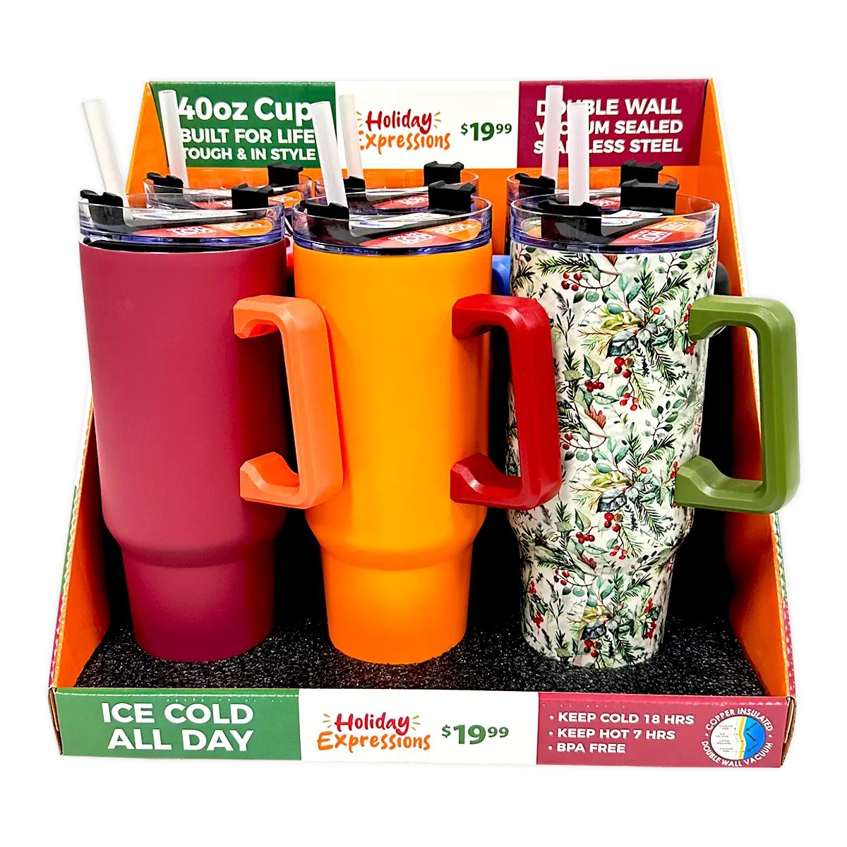 40 oz Stainless-Steel Insulated Seasonal Cups - 15 Pieces Per Retail Ready Display 88571 ROUGHNECK