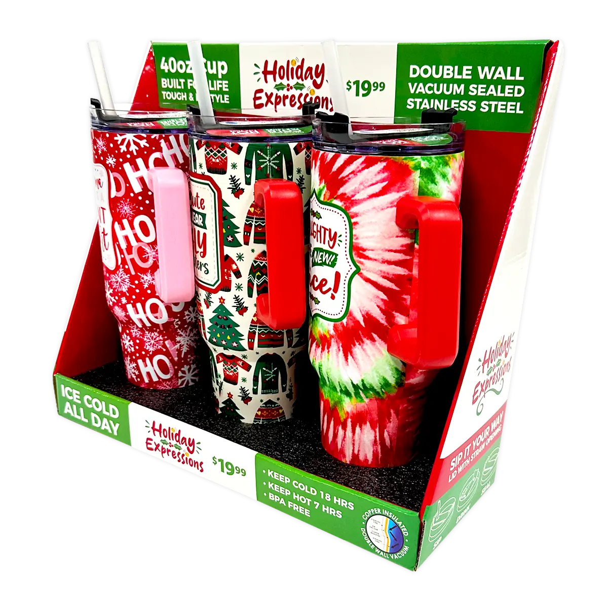 40 oz Stainless-Steel Insulated Seasonal Cups - 15 Pieces Per Retail Ready Display 88571 ROUGHNECK